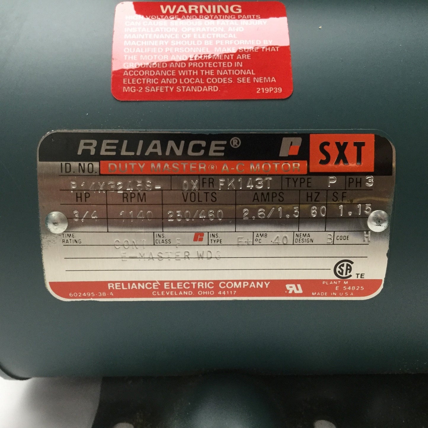 New Reliance Electric SXT P14X3245S-0X Duty Master 3-Phase AC Motor 3/4HP 230/460VAC