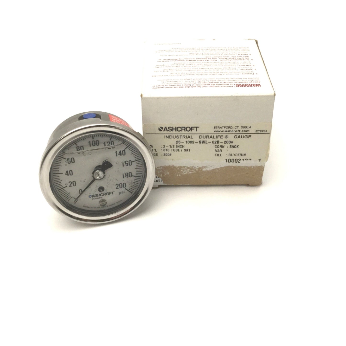 New – Open box Ashcroft 25-1009-SWL-02B-200# 2-1/2" Industrial Duralife Gauge 316 SS 200psi