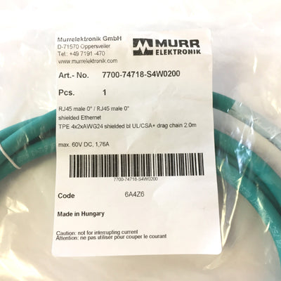 New Murr Elektronik 7700-74718-S4W0200 Shielded Ethernet Cable, RJ45 Male, Length 2M