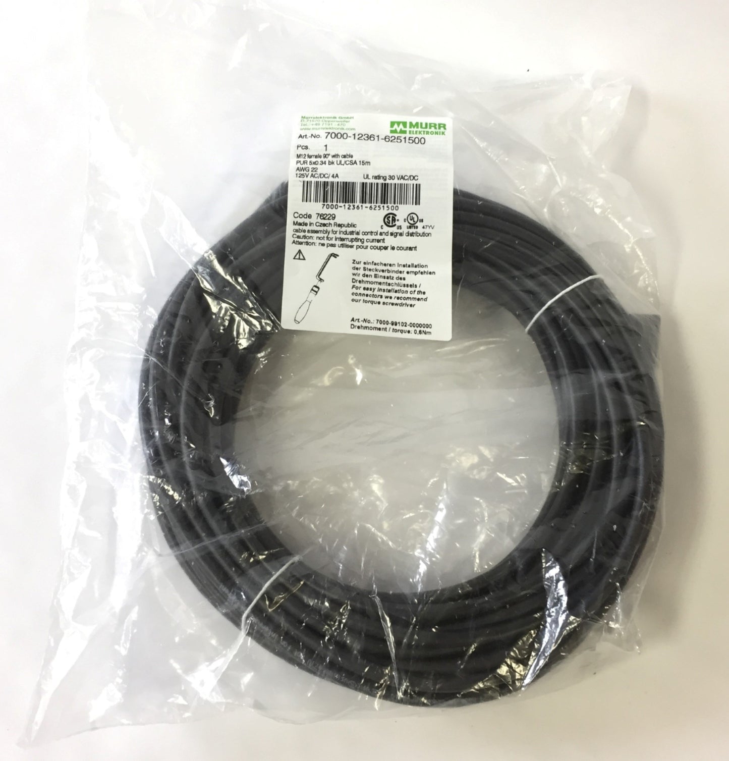 New Murr Elektronik 7000-12361-6251500 Cable Cordset M12 Female 90 Deg 125VAC 4A 15M