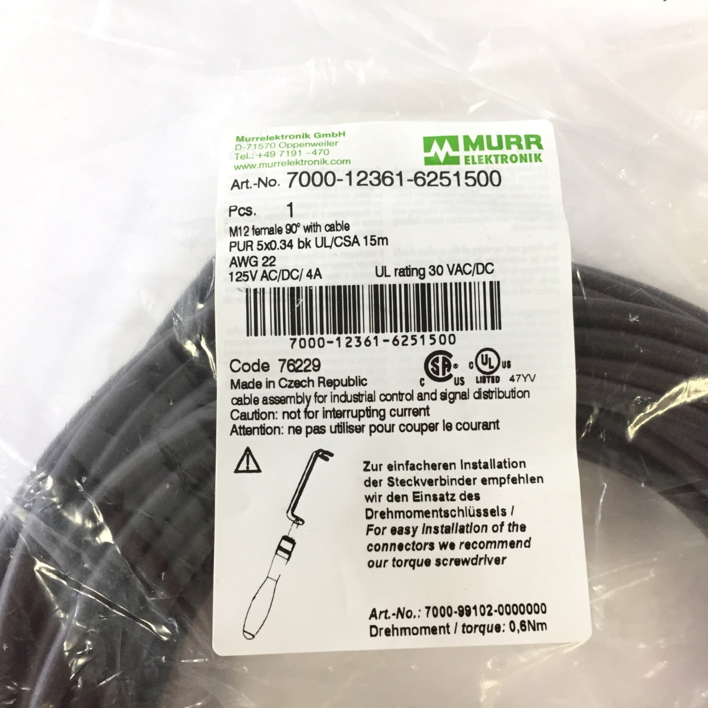 New Murr Elektronik 7000-12361-6251500 Cable Cordset M12 Female 90 Deg 125VAC 4A 15M