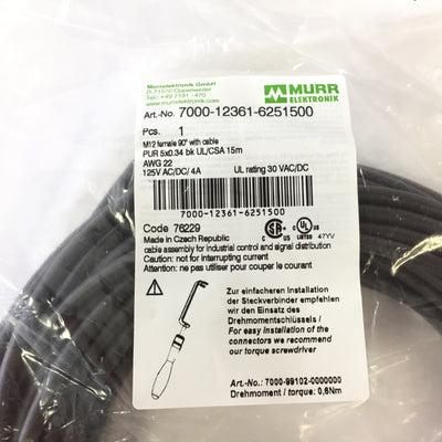 New Murr Elektronik 7000-12361-6251500 Cable Cordset M12 Female 90 Deg 125VAC 4A 15M