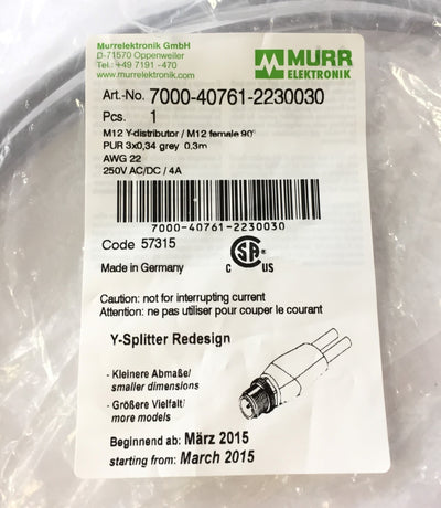 New – Open box Lot of 2 Murr Elektronik 7000-40761-2230030 Cable Cordset, M12 Y-Distributor