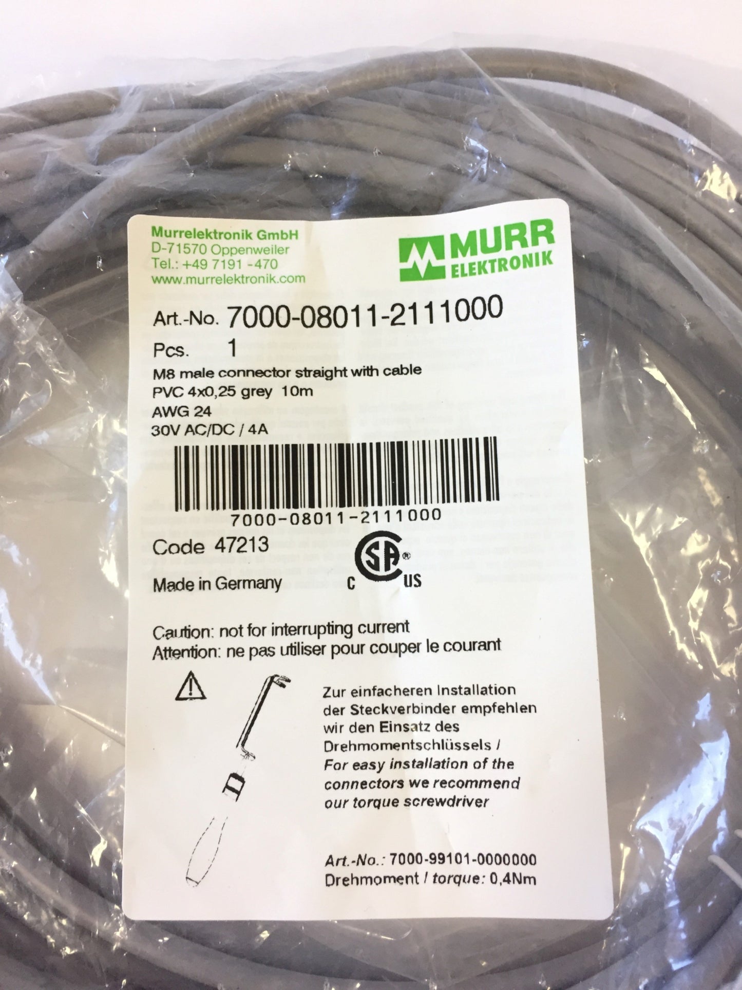New – Open box Lot of 3 Murr Elektronik 7000-08011-2111000 Cable M8 Male Connector Straight 10M