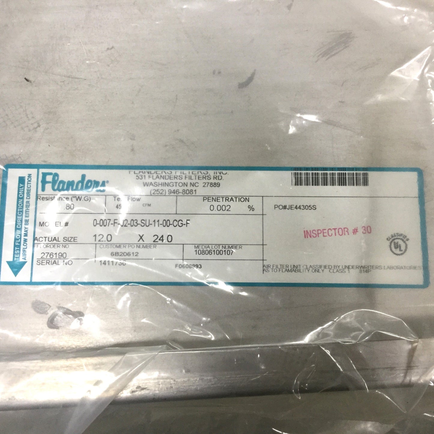 New – Open box Flanders 0-007-F-02-03-SU-11-00-00-CG-F HEPA Air Filter 12"x 24" 455 CFM