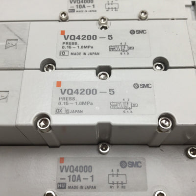 Used Bank of 2 SMC VQ4200-5 Solenoid Valve, 2-Position 5-Port, 24VDC, 0.15-1.0MPa