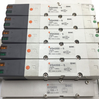 Used Bank of 5 SMC VQ4200-5 Solenoid Valve, 2-Position 5-Port, 24VDC, 0.15-1.0MPa