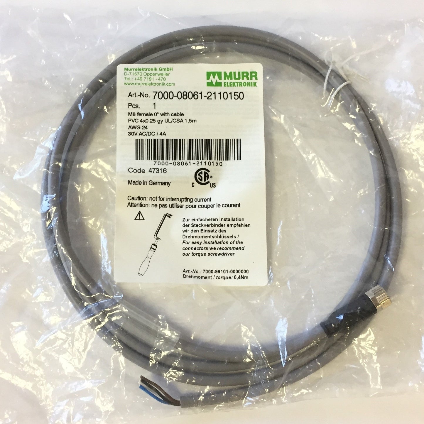 New Lot of 3 Murr Elektronik 7000-08061-2110150 Cable M8 Female Connector, 1.5M Long