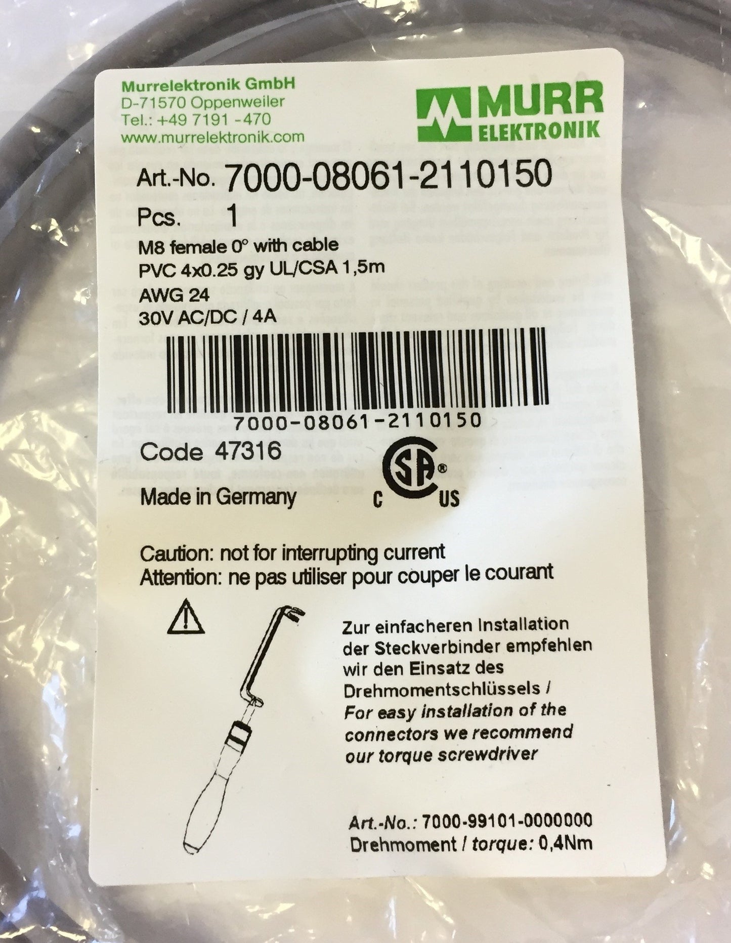 New Lot of 3 Murr Elektronik 7000-08061-2110150 Cable M8 Female Connector, 1.5M Long