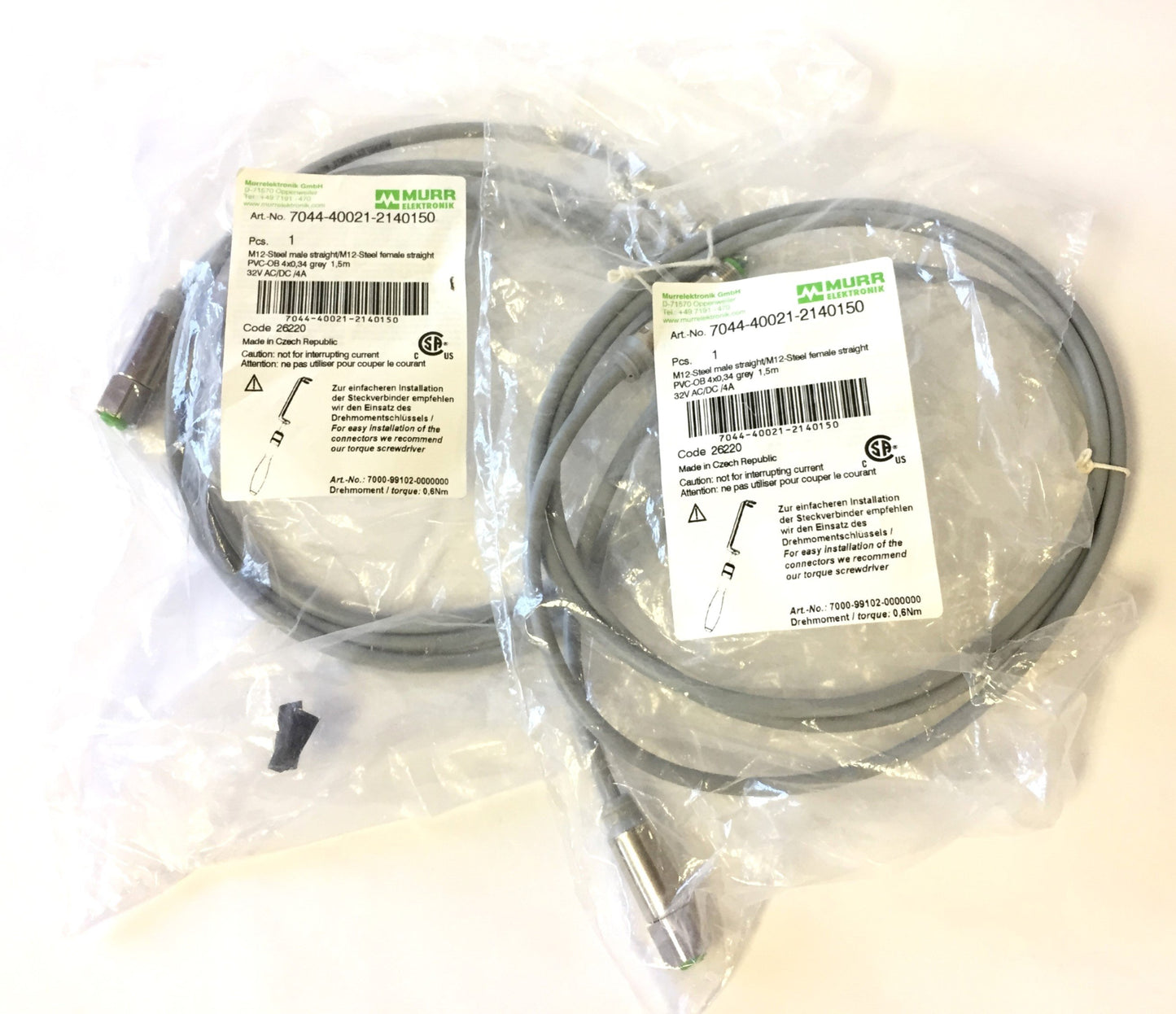 New – Open box Lot of 2 Murr Elektronik 7044-40021-2140150 Cable M12 Steel Male Connector, 1.5M