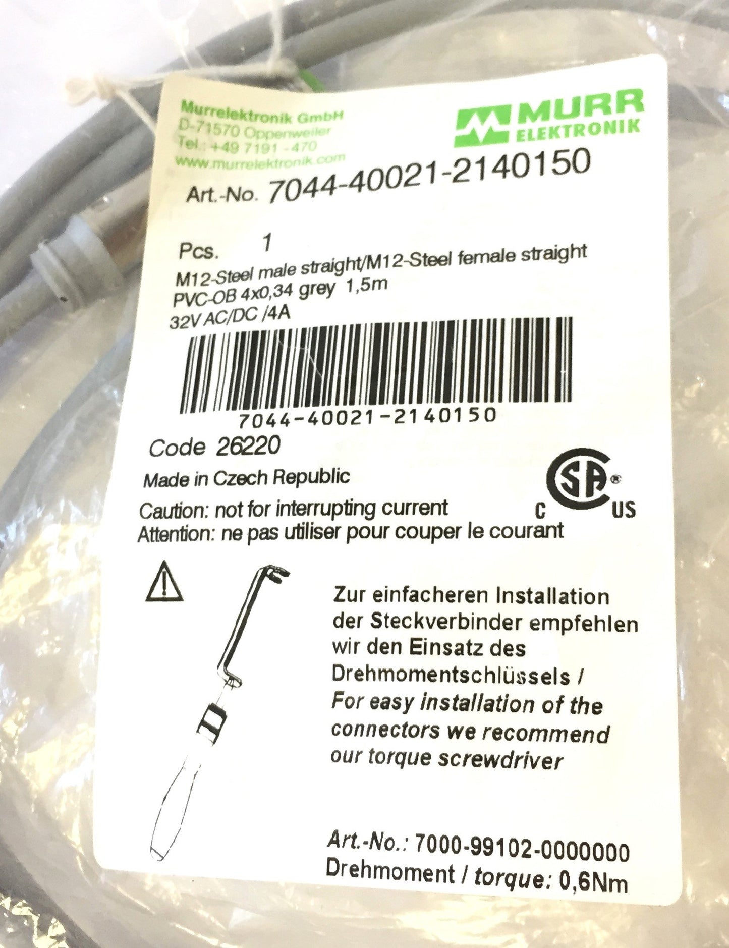 New – Open box Lot of 2 Murr Elektronik 7044-40021-2140150 Cable M12 Steel Male Connector, 1.5M