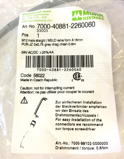 New Lot of 2 Murr Elektronik 7000-40881-2260060 Cable M12 Male / MSUD Valve, 0.6M