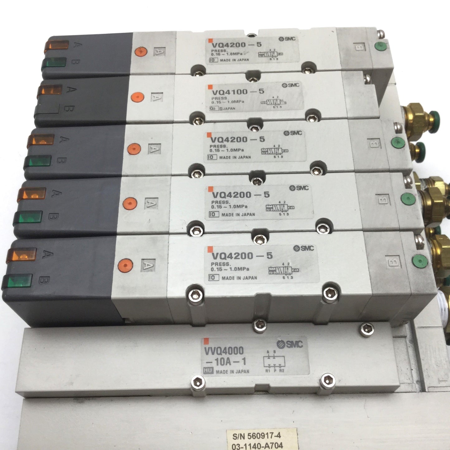Used Bank of 4 SMC VQ4200-5 & 1 VQ4100-5 Solenoid Valve, 2-Position 5-Port, 24VDC
