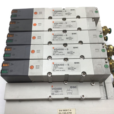 Used Bank of 4 SMC VQ4200-5 & 1 VQ4100-5 Solenoid Valve, 2-Position 5-Port, 24VDC