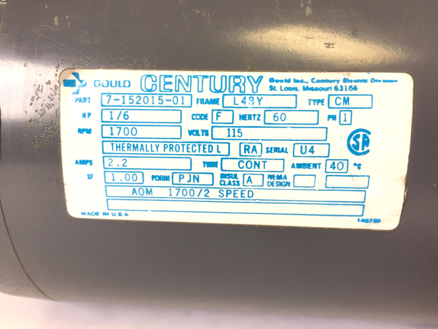 New – Open box Gould Century 7-152015-01 Electric Motor 1/6HP 115V 60Hz 1PH Single 1700RPM L48Y