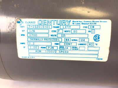 New – Open box Gould Century 7-152015-01 Electric Motor 1/6HP 115V 60Hz 1PH Single 1700RPM L48Y