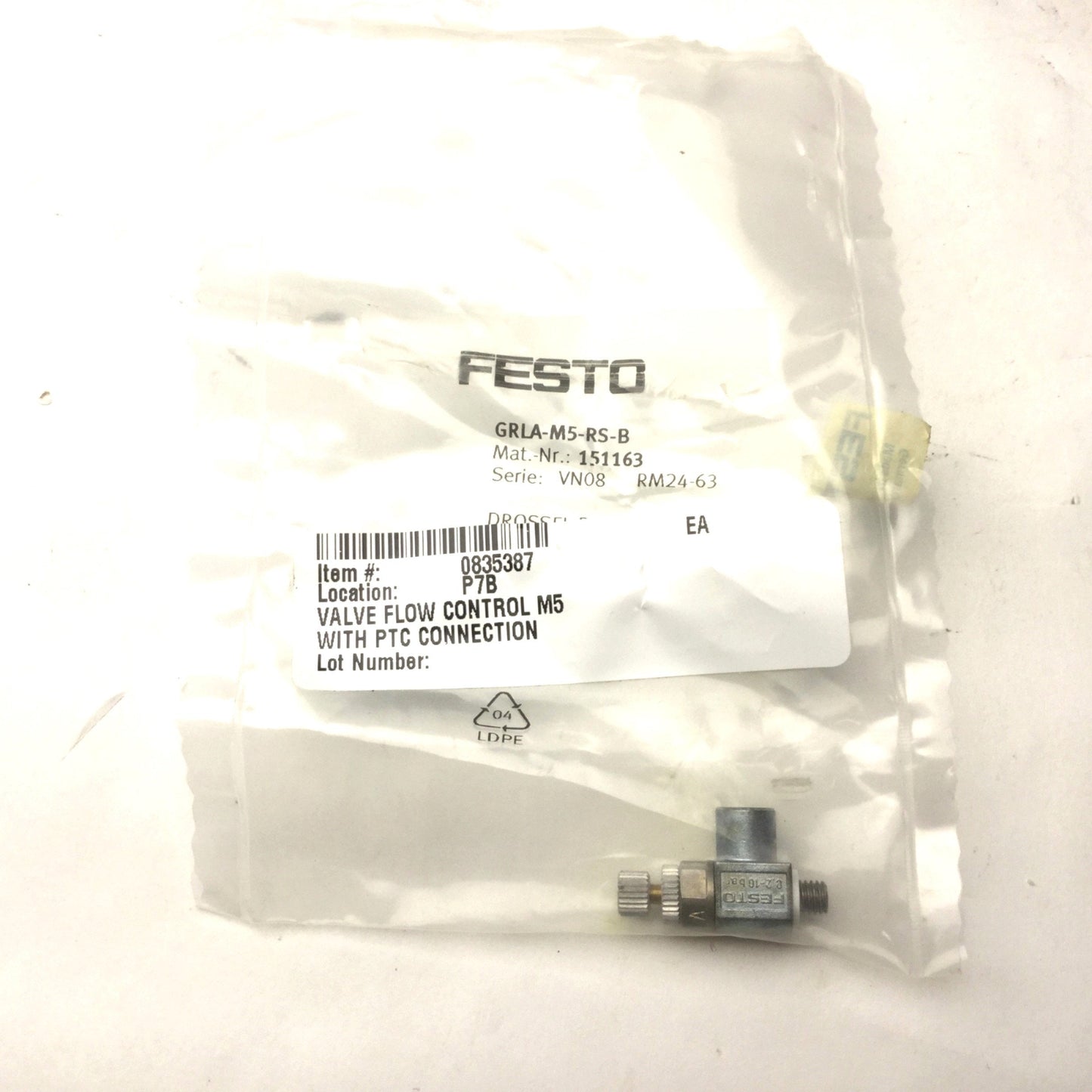 New Festo GRLA-M5-RS-B Exhaust Air Adjustable Flow Control Valve, M5 Fittings