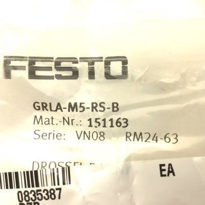 New Festo GRLA-M5-RS-B Exhaust Air Adjustable Flow Control Valve, M5 Fittings
