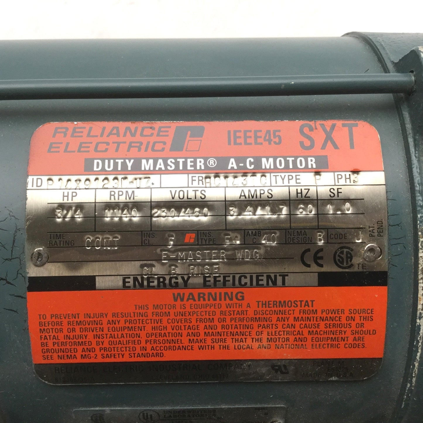 New Other Reliance Electric P14X9123N-UZ 3-Phase Electric Motor 3/4HP 1,140RPM 230/460VAC