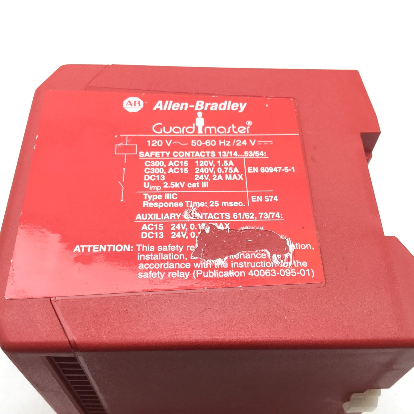 Used Allen Bradley 440R-ZBR520AZ1 Series A Single Function Safety Relay, 120VAC 24VDC