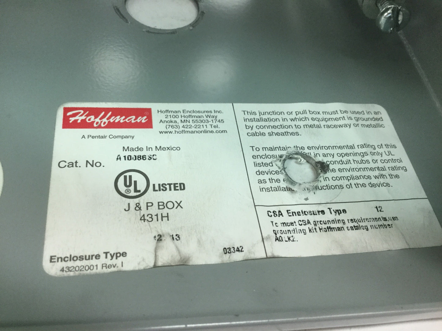 Used Hoffman A10086SC Screw Cover Electrical Steel Enclosure Box, 10" X 8" X 6"
