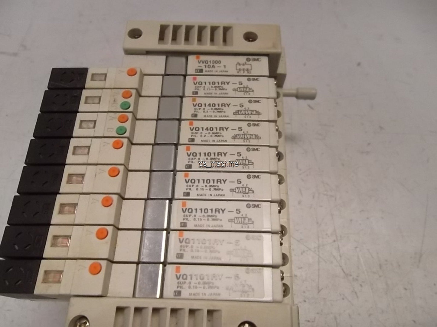 Used SMC Bank of 9 Valves (6) VQ1101RY-5, (2) VQ1401RY-5