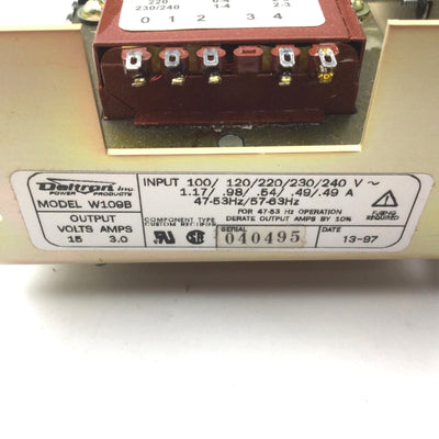New – Open box Deltron W109B Power Supply, Input: 100/120/220/230/240VAC, Output: 15V, 3A