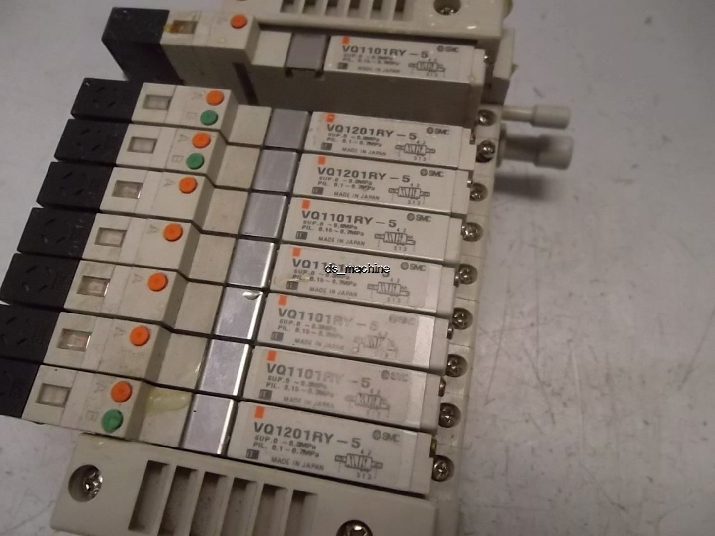 Used SMC Bank of 8 Valves (3) VQ1201RY-5, (5) VQ1101RY-5