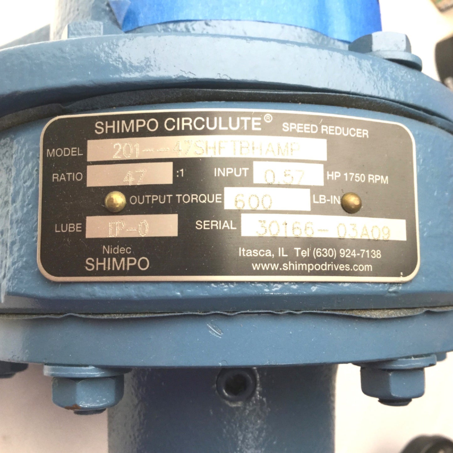 New Shimpo Circulute 201-47SHFTBHAMP Speed Reducer, 0.57HP @1750RPM, 47:1, 600LB-IN