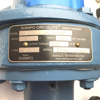 New Shimpo Circulute 201-47SHFTBHAMP Speed Reducer, 0.57HP @1750RPM, 47:1, 600LB-IN