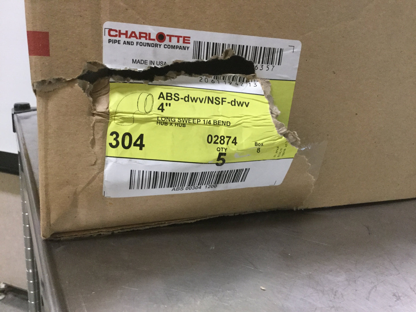 New – Open box Box of 5 Charlotte ABS-DWV Schedule 40 Long Sweep 1/4 Bend Hub x Hub 4" Pipe