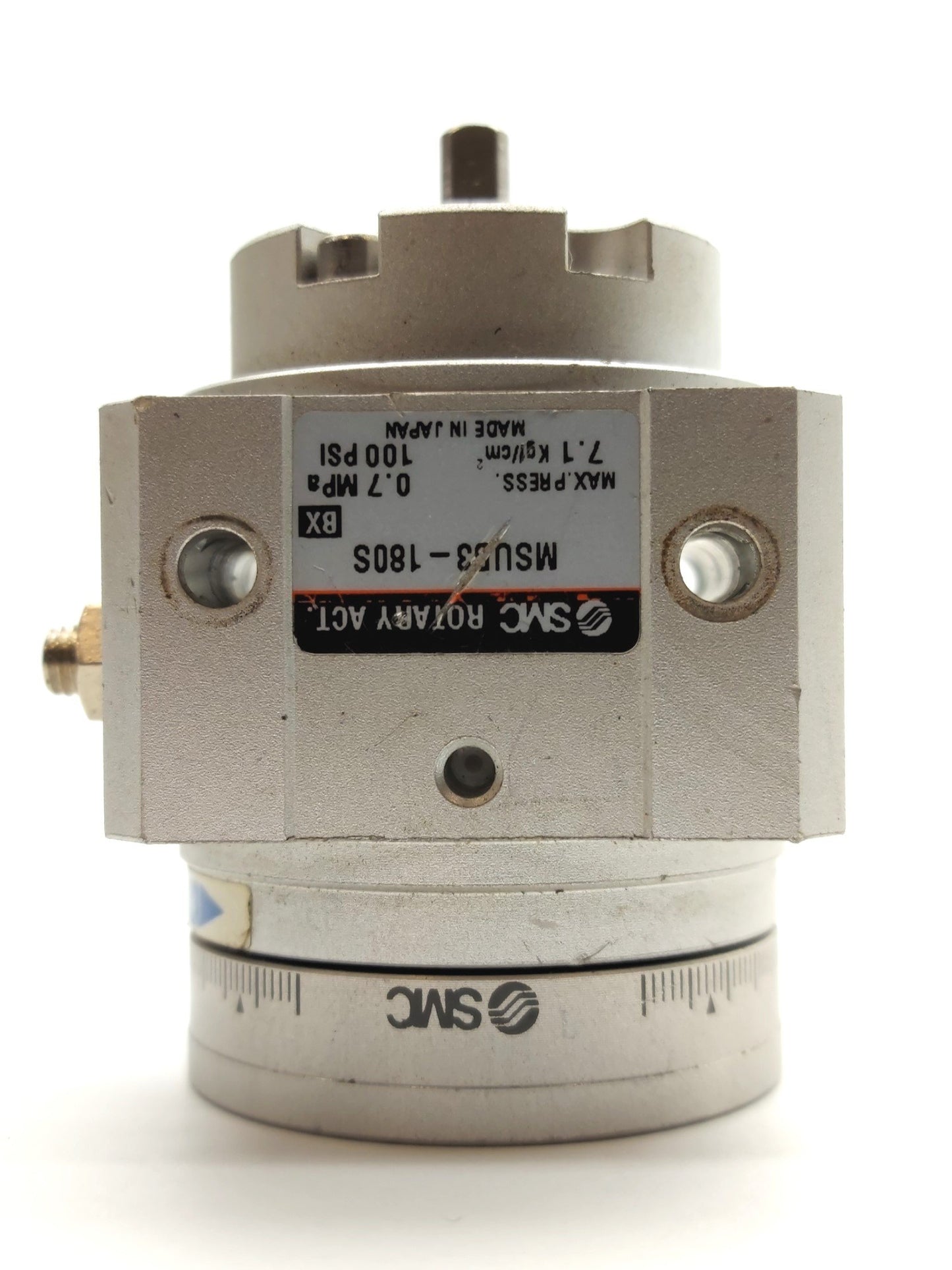 Used SMC MSUB3-180S Rotary Table, 180° Rotation, 100PSI Max, 5mm Shaft, M5 Ports