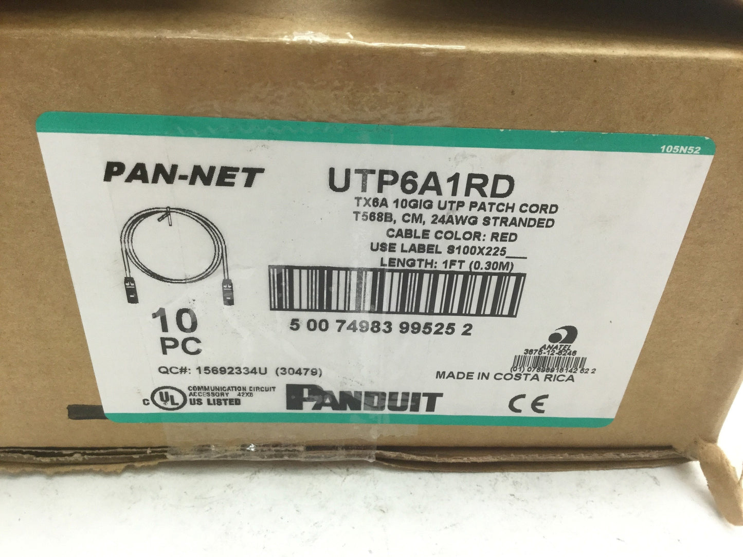 New Box of 10 New Panduit UTP6A1RD Patch Cords W/ MaTriX Tech 1' CAT 6A 10GB RED