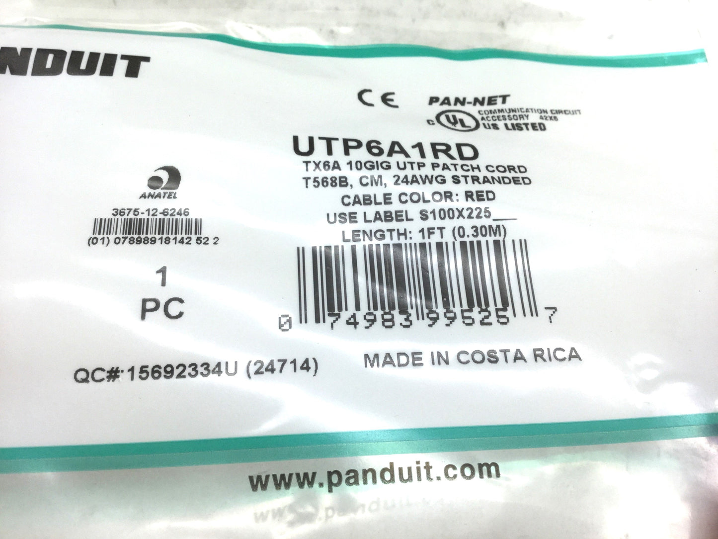 New Box of 10 New Panduit UTP6A1RD Patch Cords W/ MaTriX Tech 1' CAT 6A 10GB RED