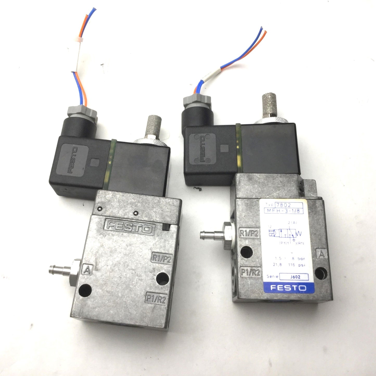 Used Lot of 2 Festo MFH-3-1/8 Solenoid Valve, 2-Pos 3-Way, With MSFG-24/42-50/60