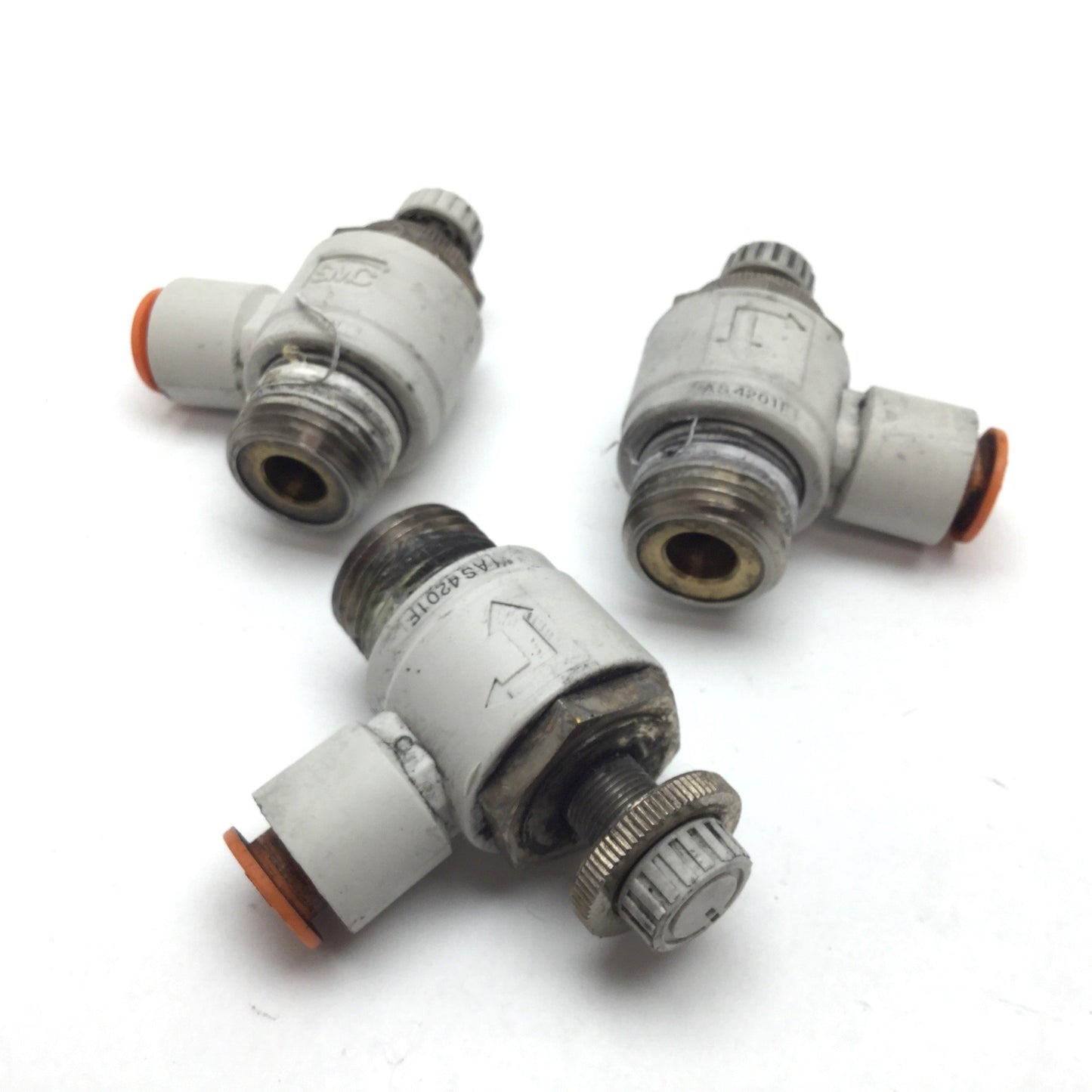 Used Lot of 3 SMC AS4201F Flow Control Valve, 3/8" One-Touch to 1/2" NPT Male
