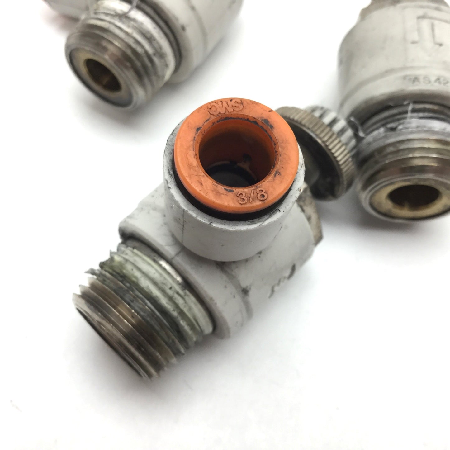 Used Lot of 3 SMC AS4201F Flow Control Valve, 3/8" One-Touch to 1/2" NPT Male