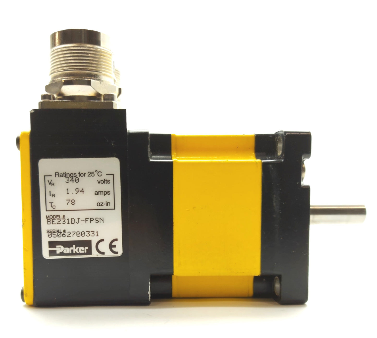 Used Parker BE231DJ-FPSN Brushless Servo Motor, 3/8" Shaft, 78on-in, 340VDC, NEMA 23