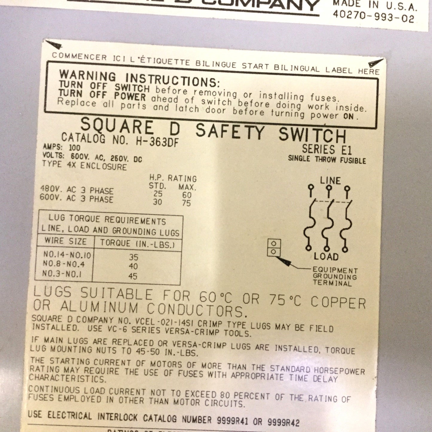 Used Square D H-363DF Disconnect Switch, Amps: 100, 600VAC, 250VDC, Type 4X Enclosure