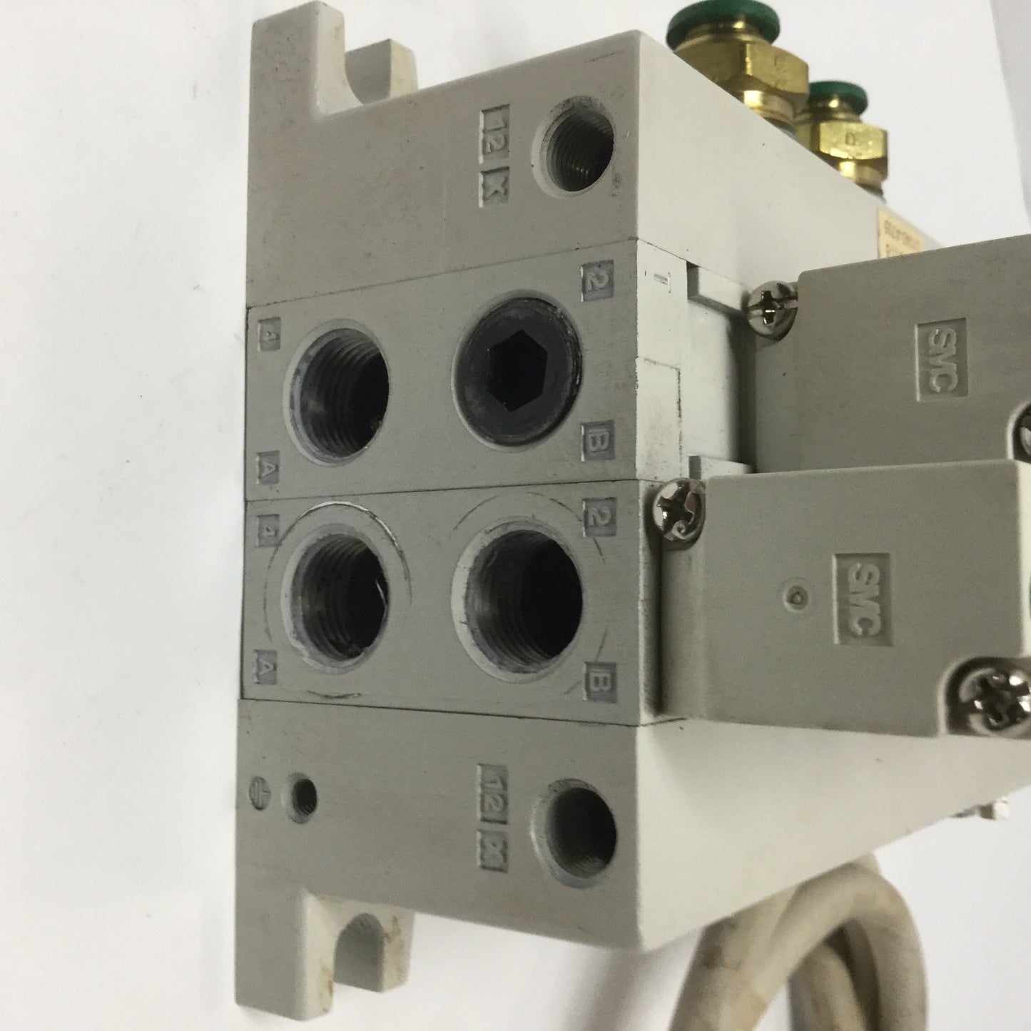 Used Manifold with 2 SMC Solenoid Valves, VQ4100-5, VQ4300-5, 5-Port, 24VDC Coil