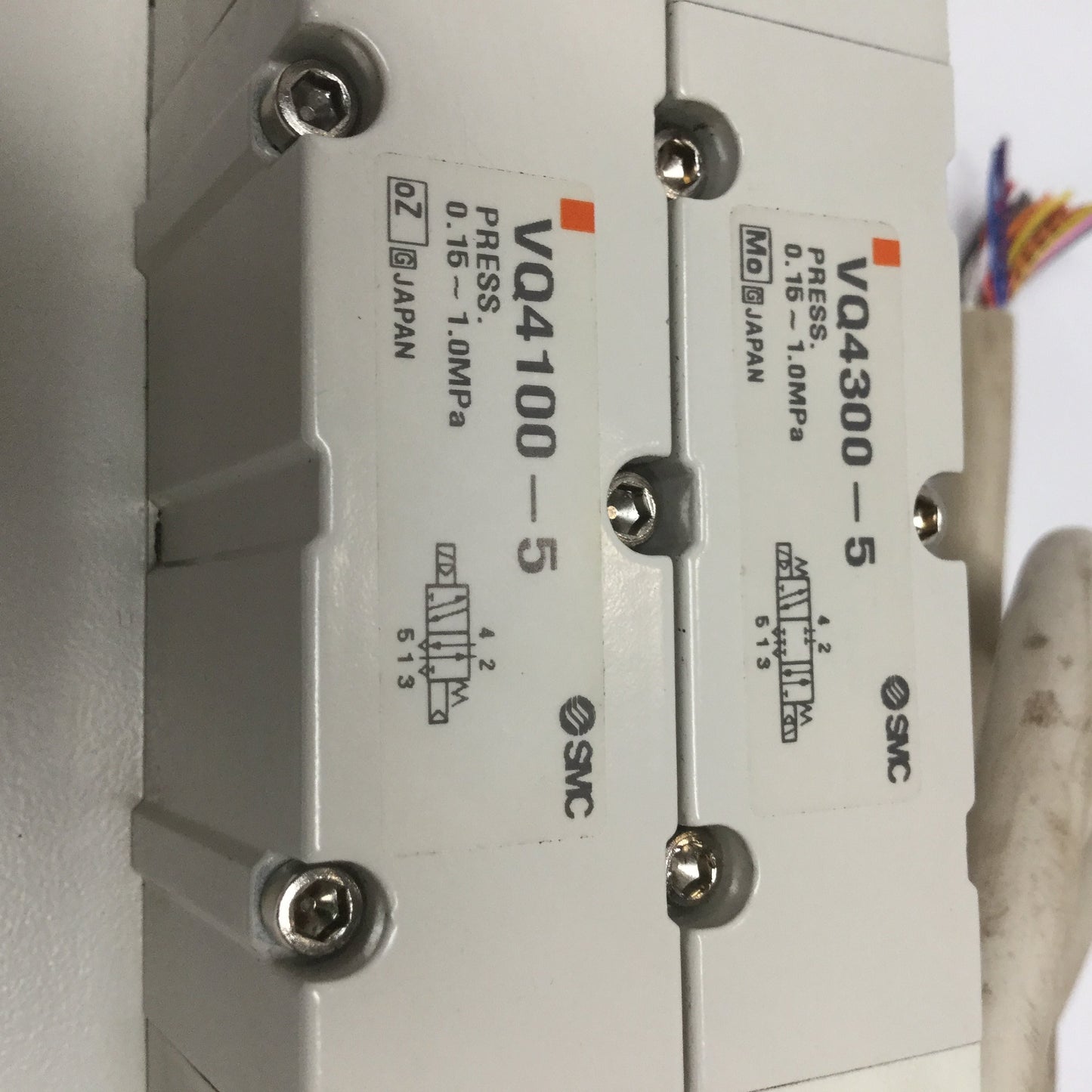 Used Manifold with 2 SMC Solenoid Valves, VQ4100-5, VQ4300-5, 5-Port, 24VDC Coil