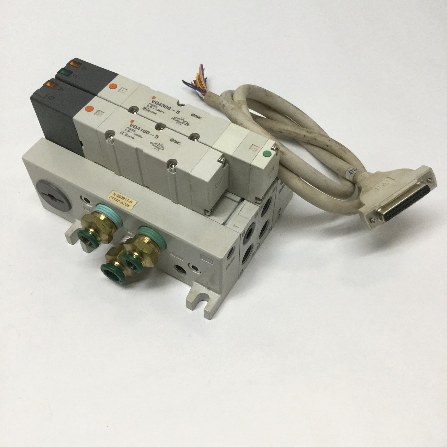 Used Manifold with 2 SMC Solenoid Valves, VQ4100-5, VQ4300-5, 5-Port, 24VDC Coil