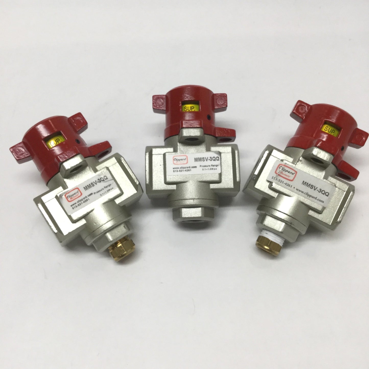 Used Lot of 3 Clippard MMSV-3QQ Pressure Relief Valve with Lockout, 3-Port, 1/4 NPT
