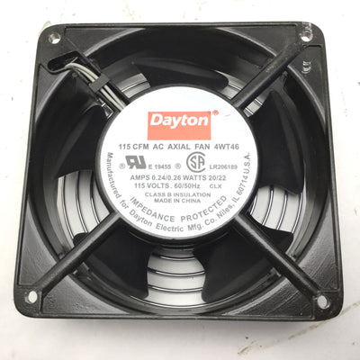 Used Dayton LR206189 4WT46 AC Axial Fan, 115 CFM, 115VAC 60/50Hz, 0.24/0.26A, 20/22W
