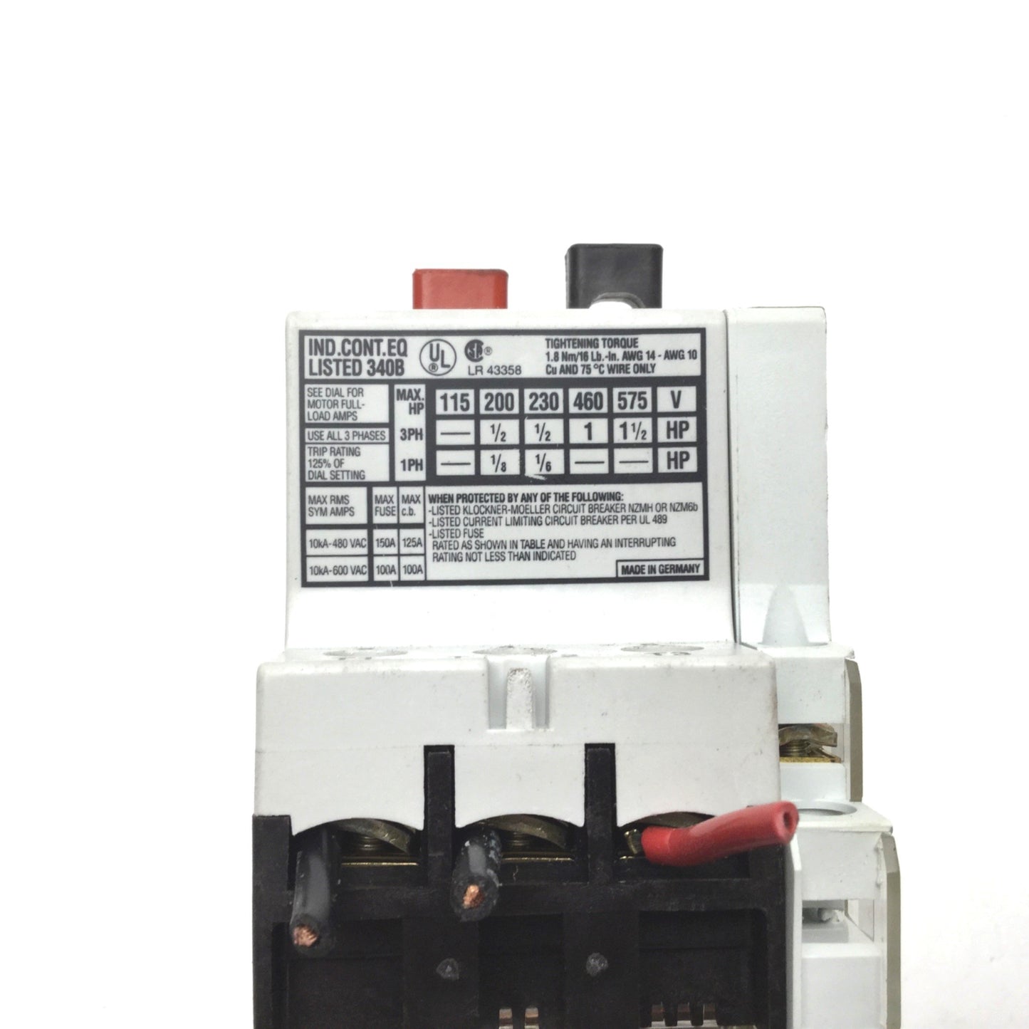 Used Klockner Moeller PKZM 1-2.4 Thermal Magnetic Circuit Breaker W/NHI10 Aux Contact