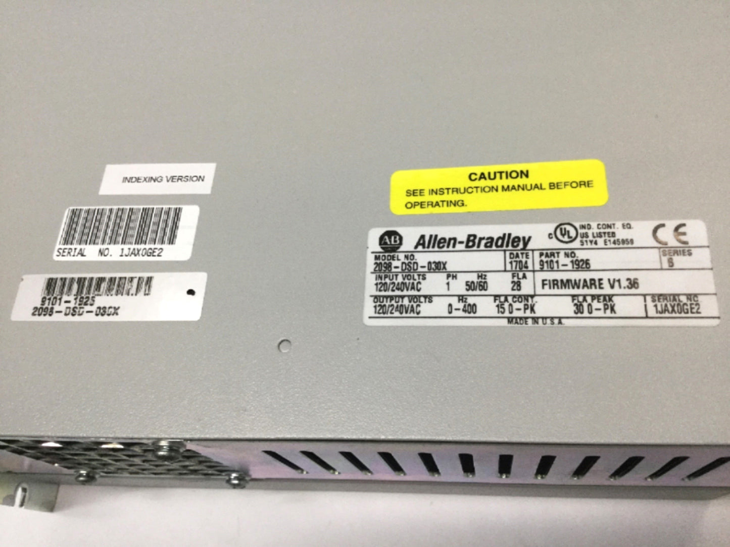 Used Allen Bradley 2098-DSD-030X Ultra3000i Indexing Servo Drive 15A, 120/240VAC 1PH