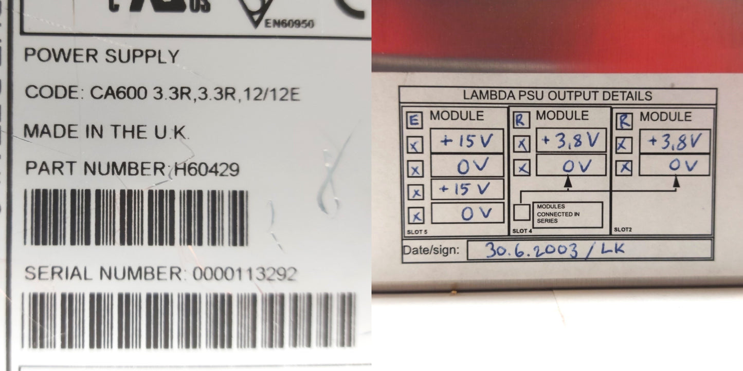 Used LAMBDA H60429 DC Power Supply Out 2x 3.8V 52A 2x 15V In 100-230VAC 177-326VDC