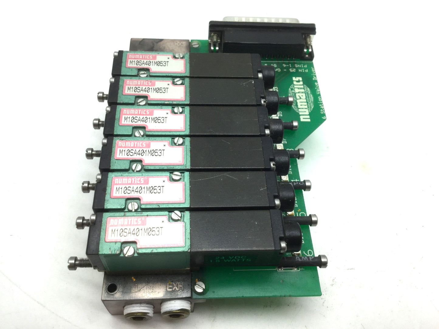 Used Manifold of 6 Numatics M10SA401M053T Solenoid Valves 10-32UNF 24VDC