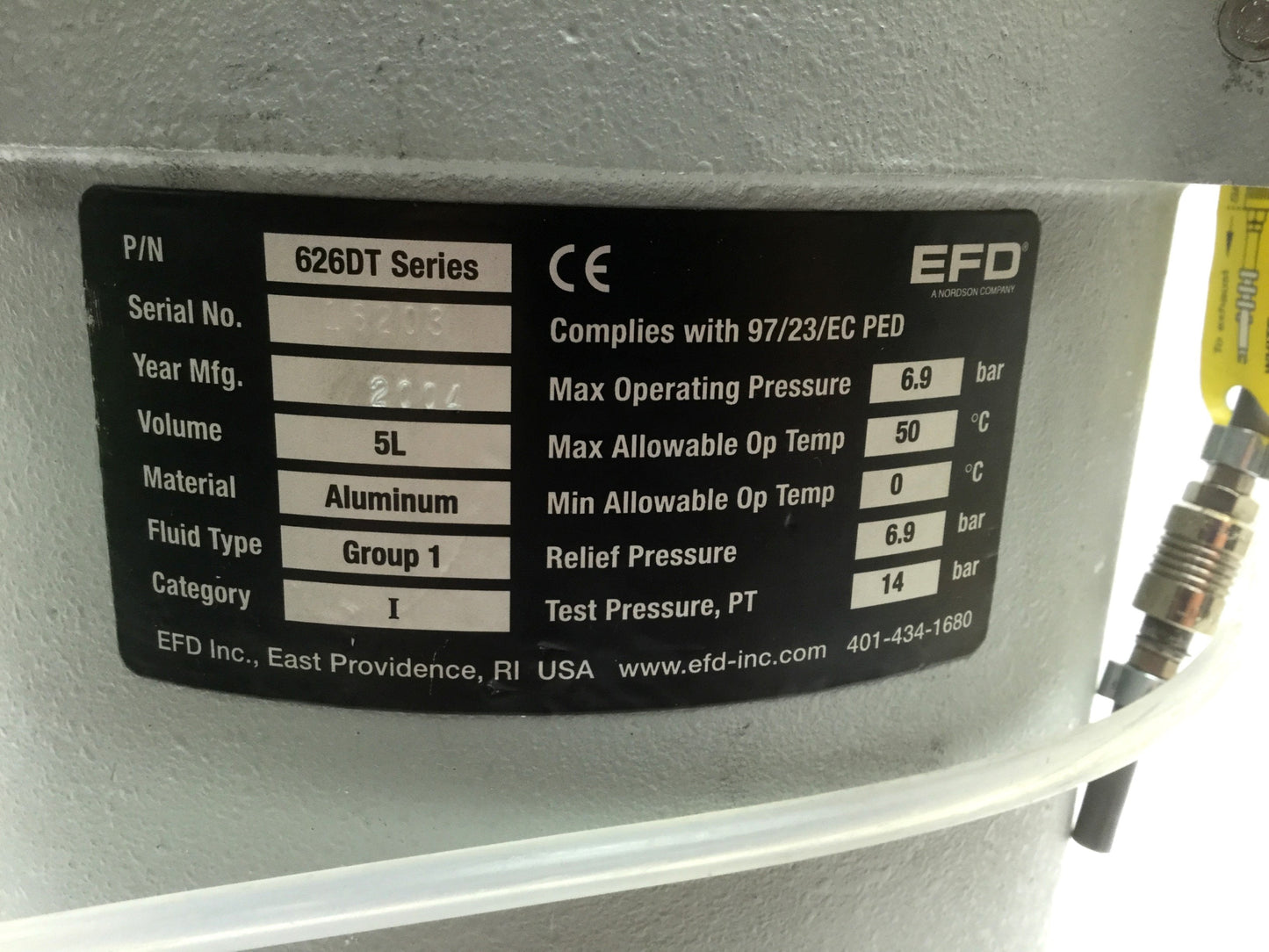 Used Nordson 626DTL-FS High Pressure Fluid Reservoir Aluminum Tank 5L, Gauge