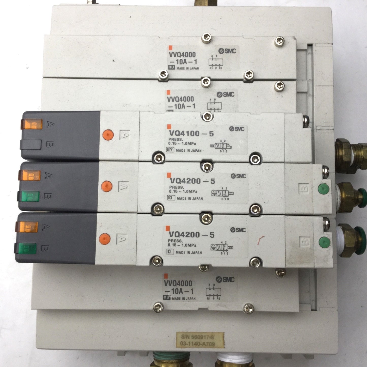 Used Bank of 3 SMC 2x VQ4200-5 & 1x VQ4100-5 Solenoid Valve, 2-Position 5-Port, 24VDC
